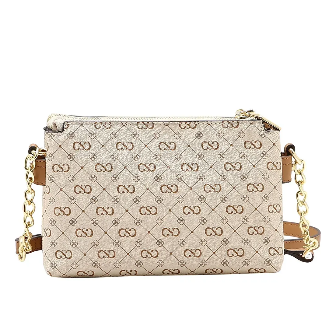 Bolsa feminina transversal Chenson bege com estampa monograma vista frontal